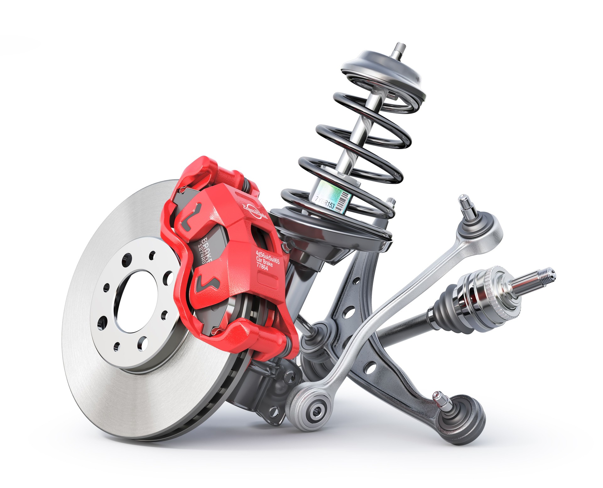 Car brake disk with car suspension elements. Auto parts on a white background. 3d illustration